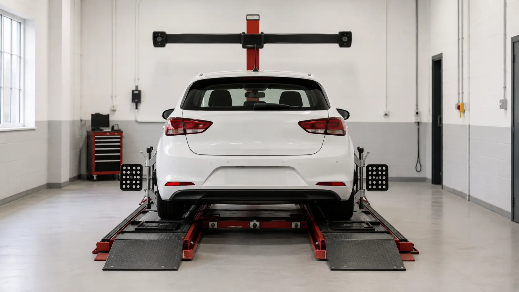Prepared four-wheel alignment bay shown as a future workshop capability