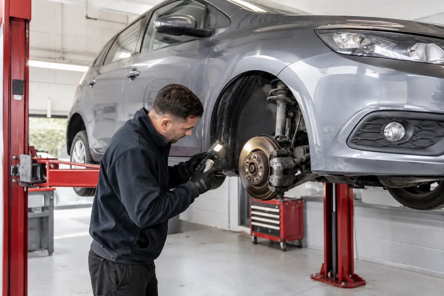 Technician inspecting the brakes and suspension of a customer car