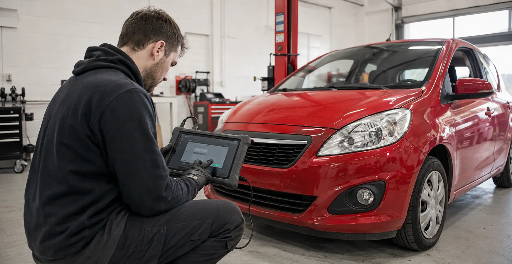 Technician using diagnostic equipment beside a customer car