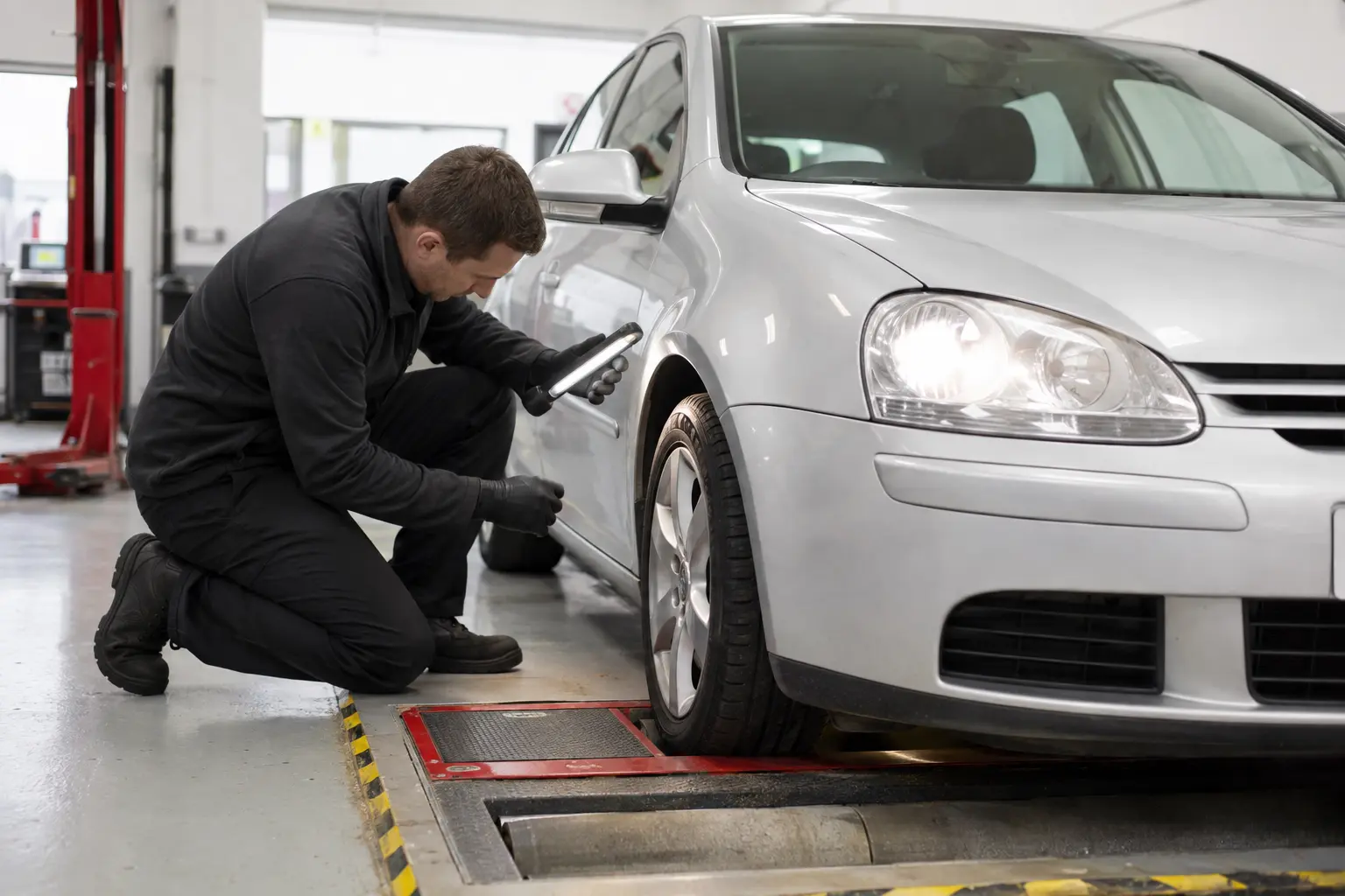 Technician carrying out an MOT inspection on a customer car in a bright workshop