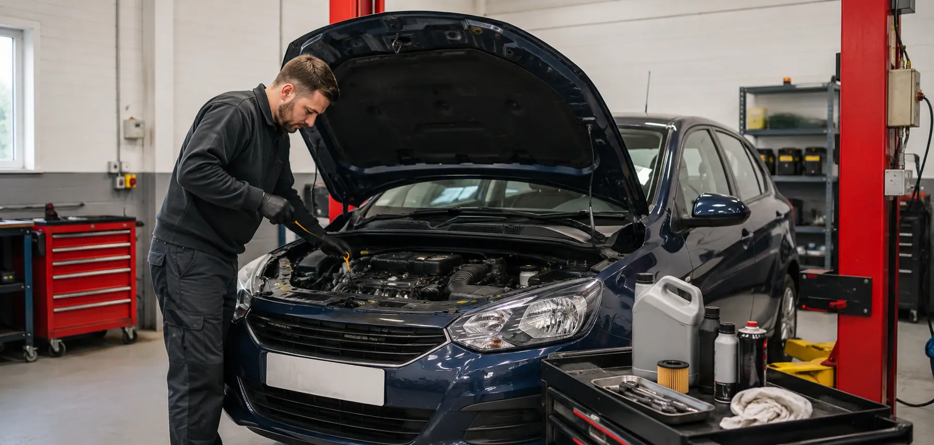 Technician carrying out routine servicing under the bonnet of a customer car