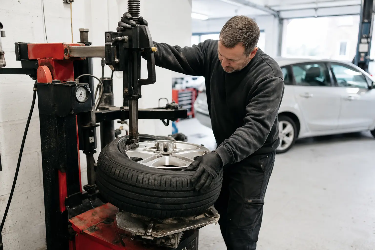 Technician fitting a road tyre to an alloy wheel in a bright workshop